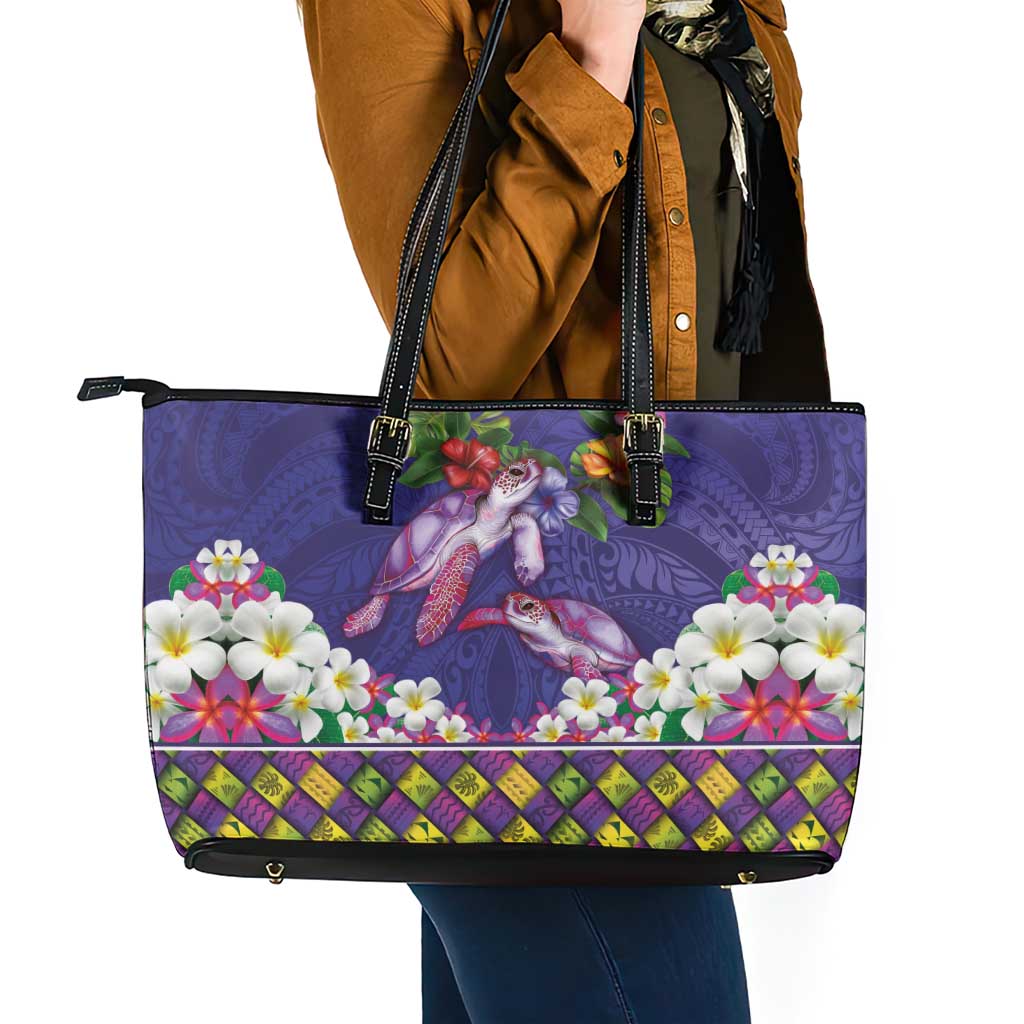 Hawaiian Lei Turtle and Plumeria Leather Tote Bag Polynerian Art Tattoo-Navy Color