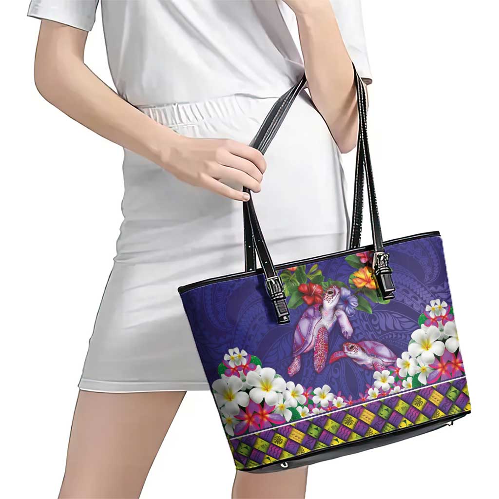 Hawaiian Lei Turtle and Plumeria Leather Tote Bag Polynerian Art Tattoo-Navy Color