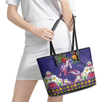 Hawaiian Lei Turtle and Plumeria Leather Tote Bag Polynerian Art Tattoo-Navy Color