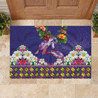 Hawaiian Lei Turtle and Plumeria Rubber Doormat Polynerian Art Tattoo-Navy Color