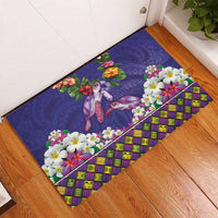 Hawaiian Lei Turtle and Plumeria Rubber Doormat Polynerian Art Tattoo-Navy Color