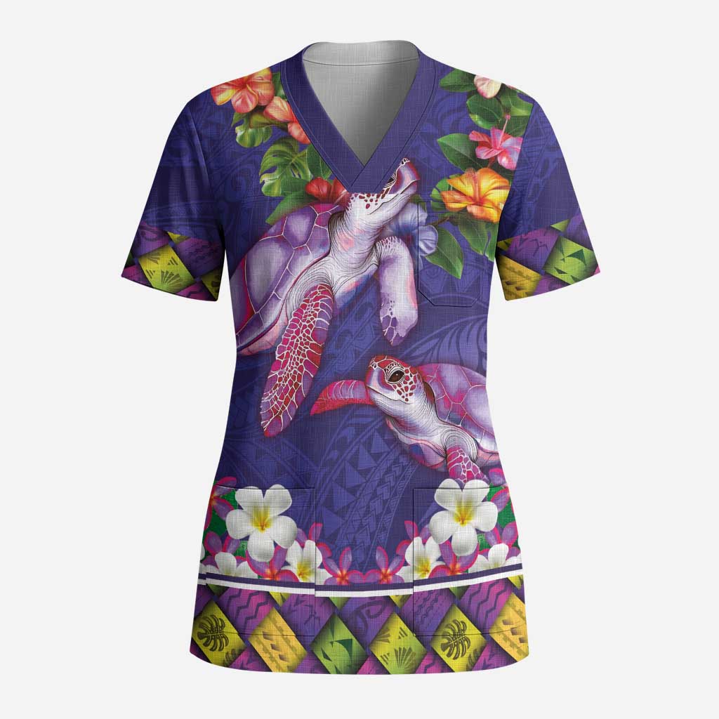 Hawaiian Lei Turtle and Plumeria Scrub Top Polynerian Art Tattoo-Navy Color LT03 Adult Navy - Polynesian Pride