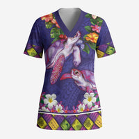 Hawaiian Lei Turtle and Plumeria Scrub Top Polynerian Art Tattoo-Navy Color LT03 Adult Navy - Polynesian Pride