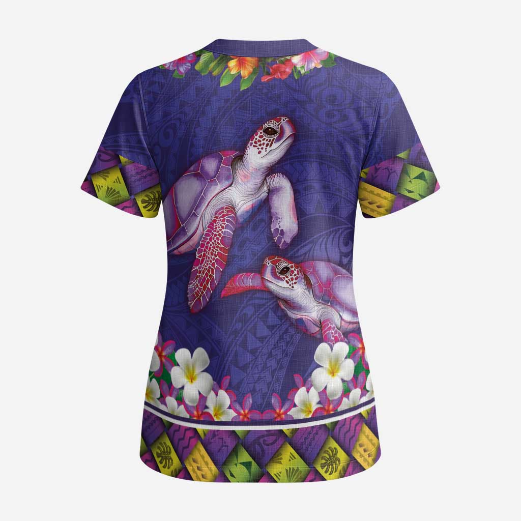 Hawaiian Lei Turtle and Plumeria Scrub Top Polynerian Art Tattoo-Navy Color LT03 - Polynesian Pride