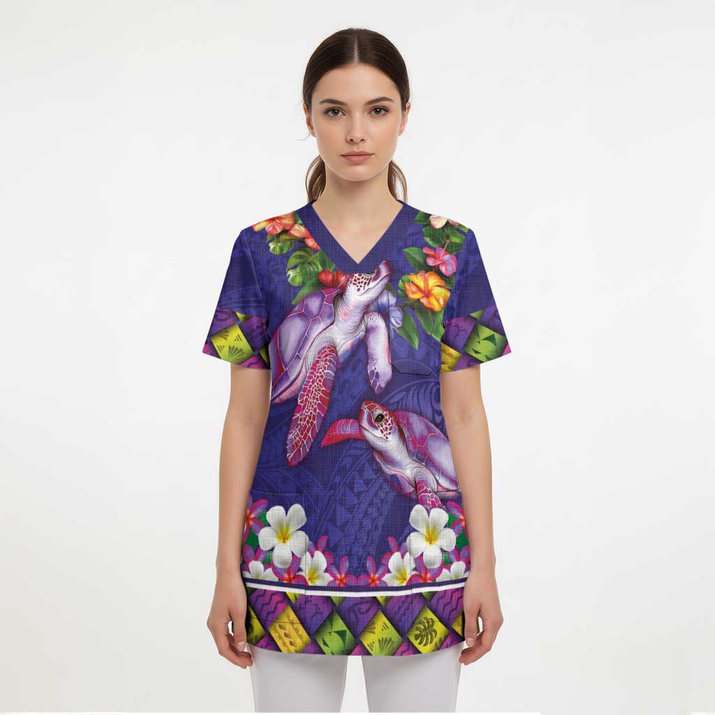 Hawaiian Lei Turtle and Plumeria Scrub Top Polynerian Art Tattoo-Navy Color LT03 - Polynesian Pride