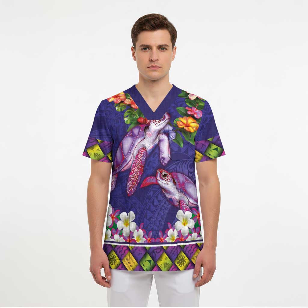 Hawaiian Lei Turtle and Plumeria Scrub Top Polynerian Art Tattoo-Navy Color LT03 - Polynesian Pride