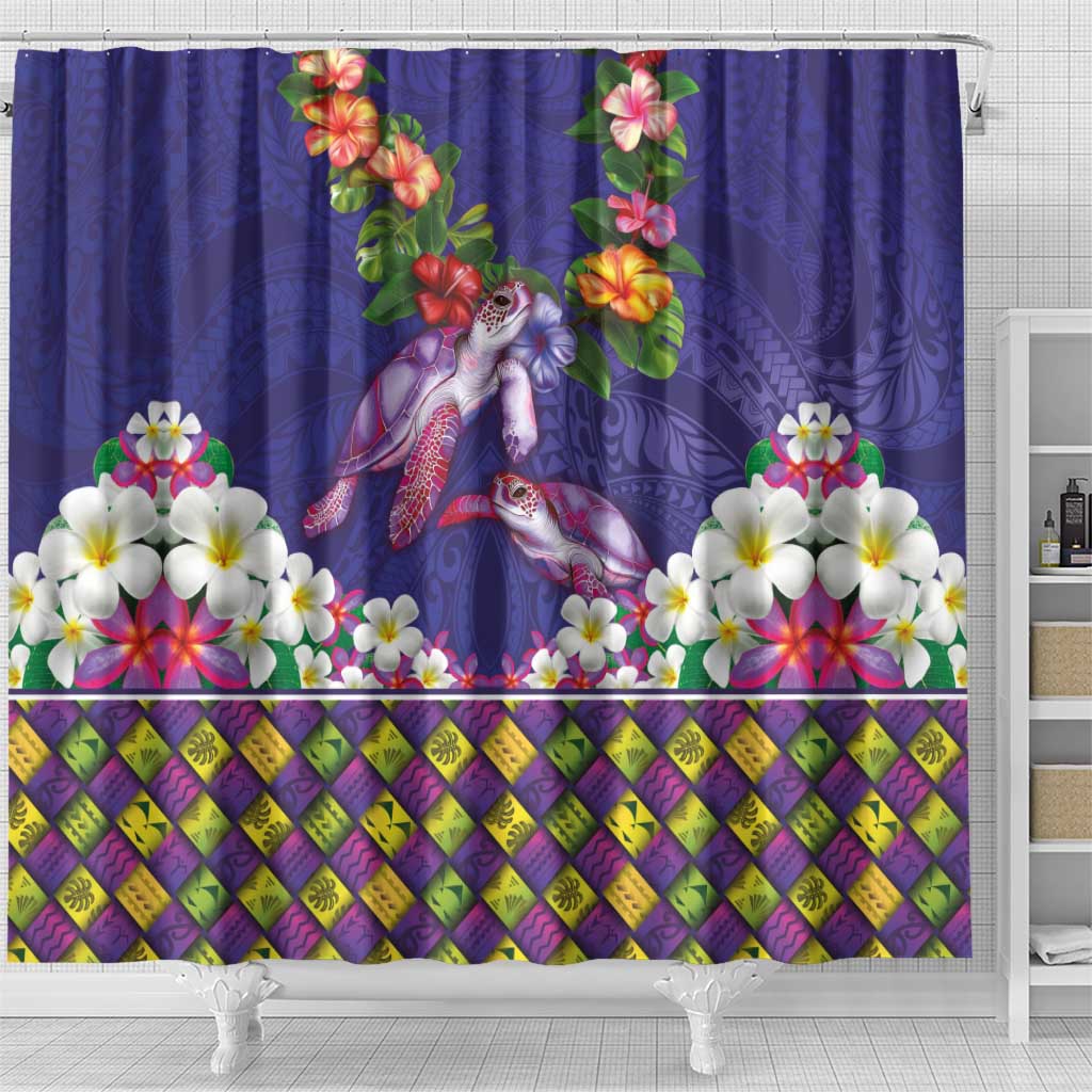 Hawaiian Lei Turtle and Plumeria Shower Curtain Polynerian Art Tattoo-Navy Color