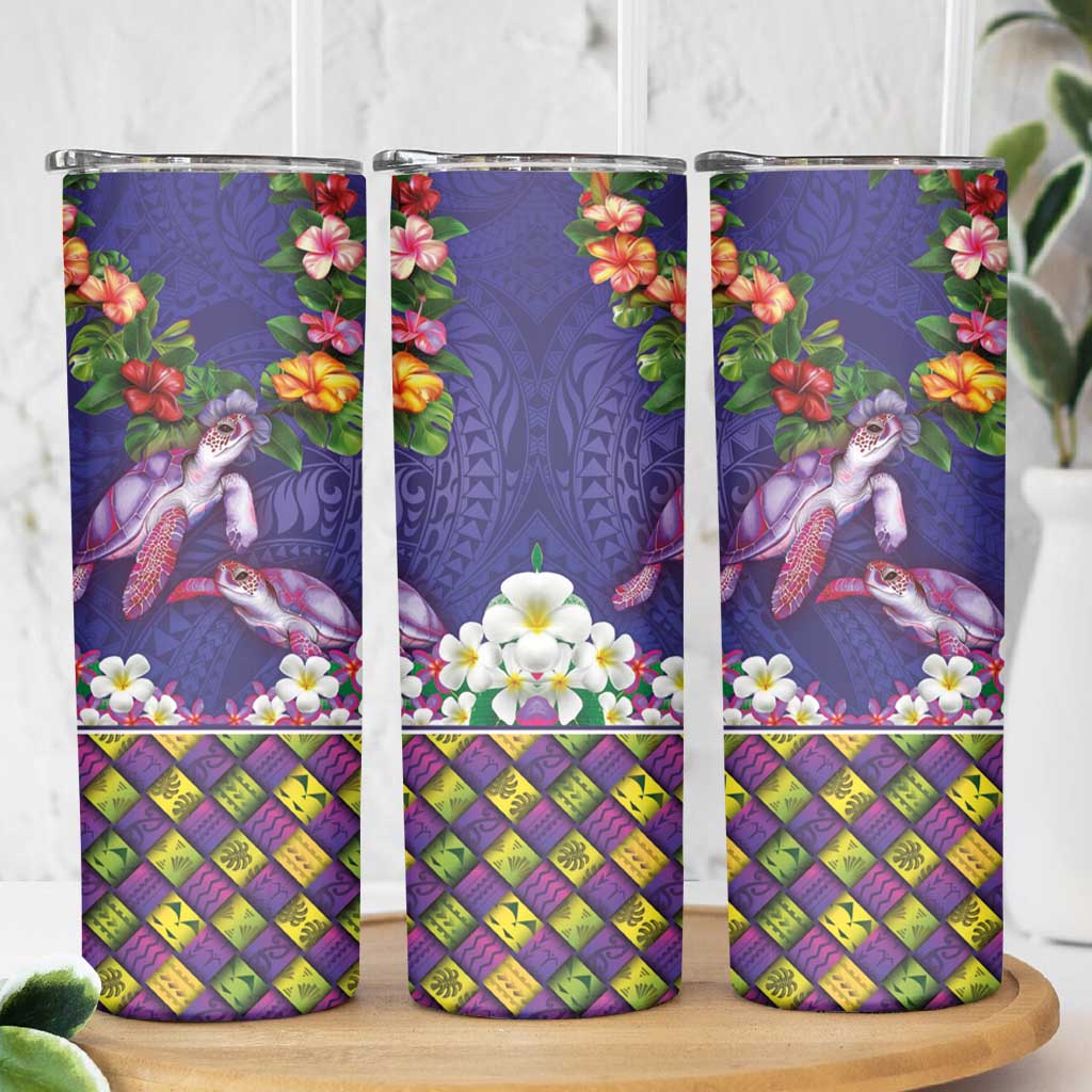 Hawaiian Lei Turtle and Plumeria Skinny Tumbler Polynerian Art Tattoo-Navy Color