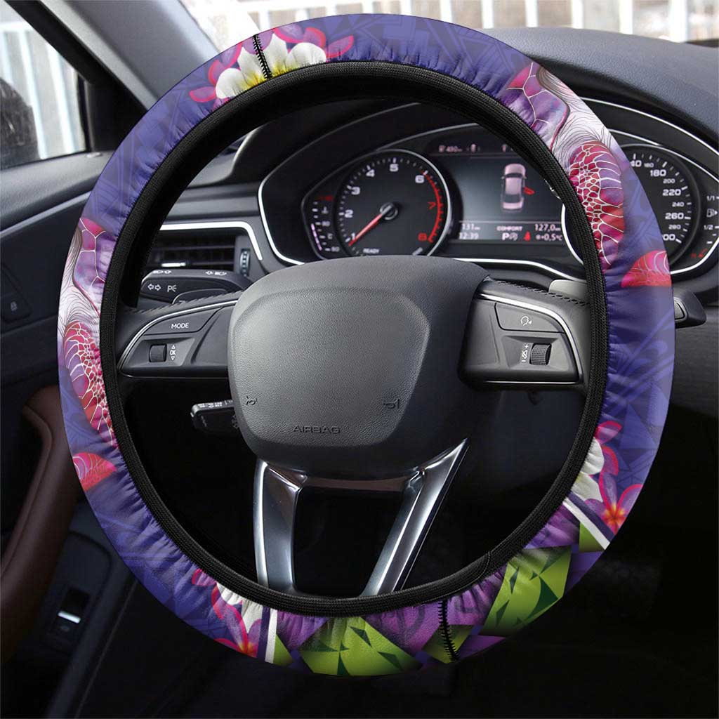 Hawaiian Lei Turtle and Plumeria Steering Wheel Cover Polynerian Art Tattoo-Navy Color