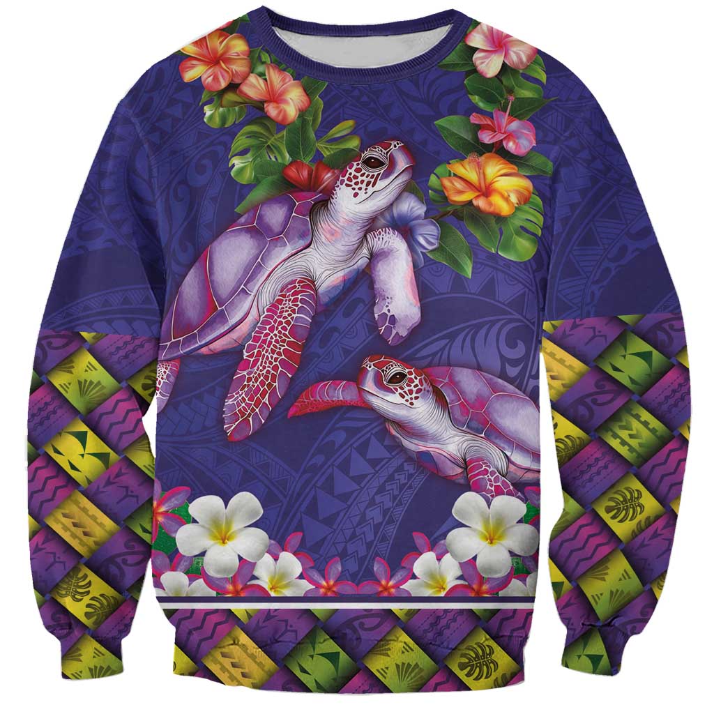 Hawaiian Lei Turtle and Plumeria Sweatshirt Polynerian Art Tattoo-Navy Color