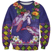 Hawaiian Lei Turtle and Plumeria Sweatshirt Polynerian Art Tattoo-Navy Color