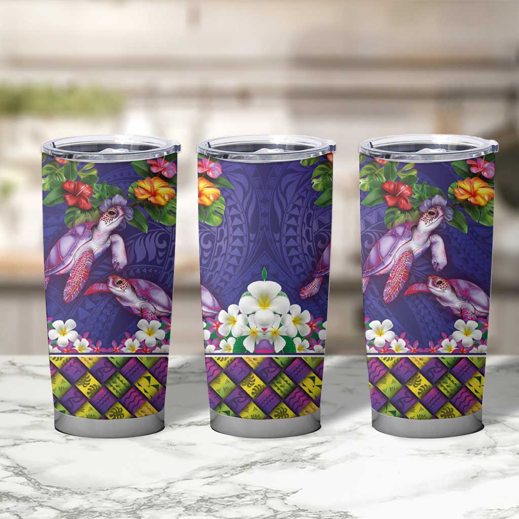 Hawaiian Lei Turtle and Plumeria Tumbler Cup Polynerian Art Tattoo-Navy Color