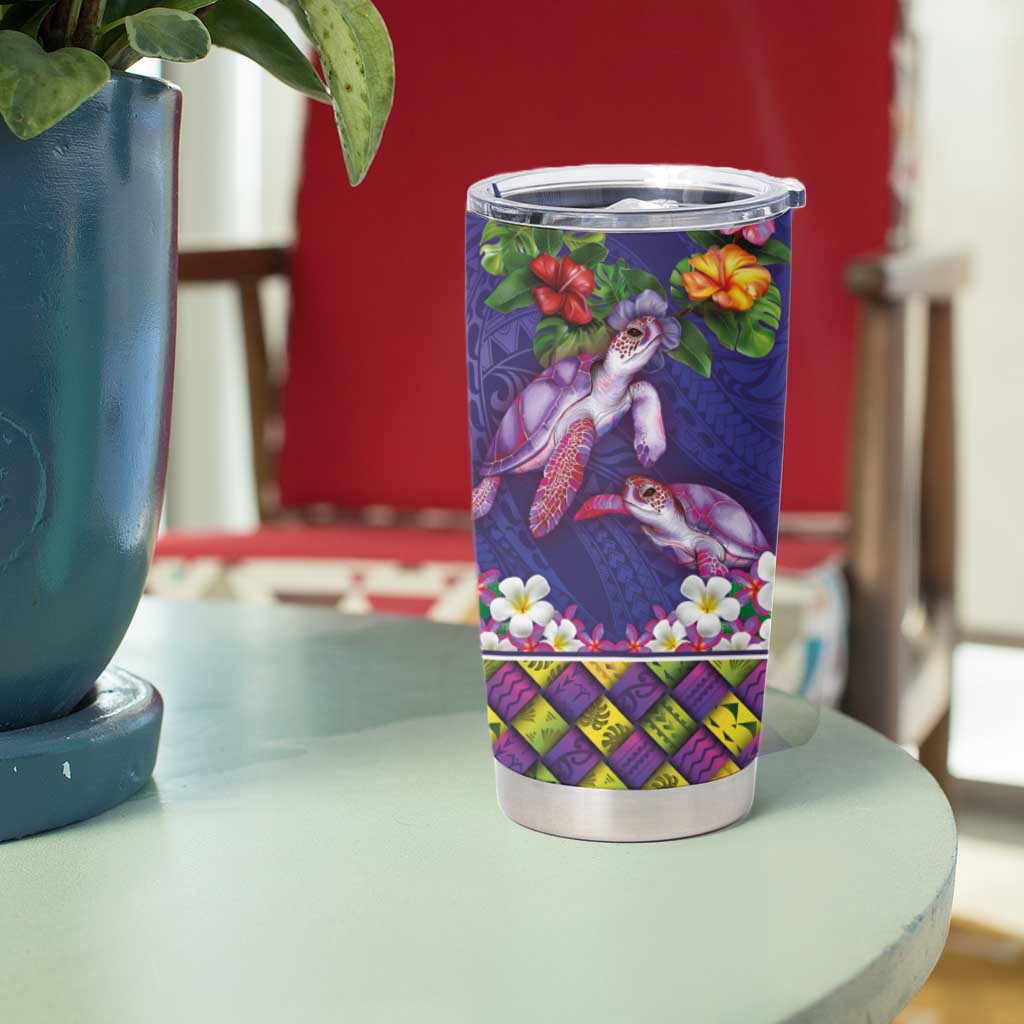 Hawaiian Lei Turtle and Plumeria Tumbler Cup Polynerian Art Tattoo-Navy Color
