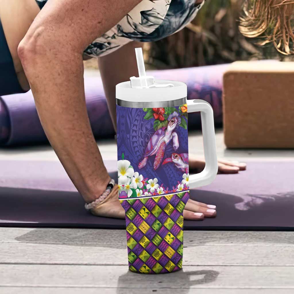 Hawaiian Lei Turtle and Plumeria Tumbler With Handle Polynerian Art Tattoo-Navy Color