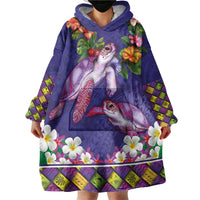 Hawaiian Lei Turtle and Plumeria Wearable Blanket Hoodie Polynerian Art Tattoo-Navy Color