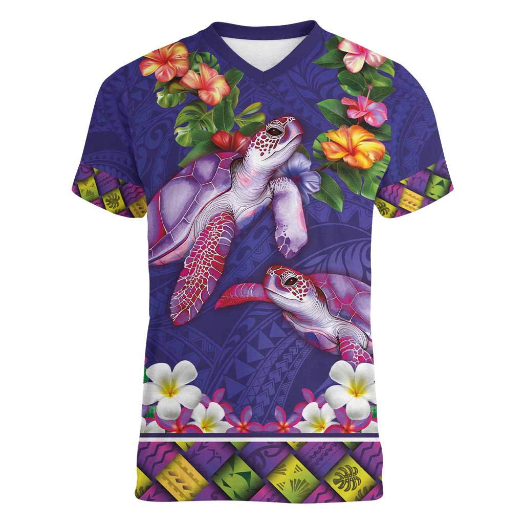 Hawaiian Lei Turtle and Plumeria Women V-Neck T-Shirt Polynerian Art Tattoo-Navy Color