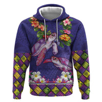 Hawaiian Lei Turtle and Plumeria Zip Hoodie Polynerian Art Tattoo-Navy Color