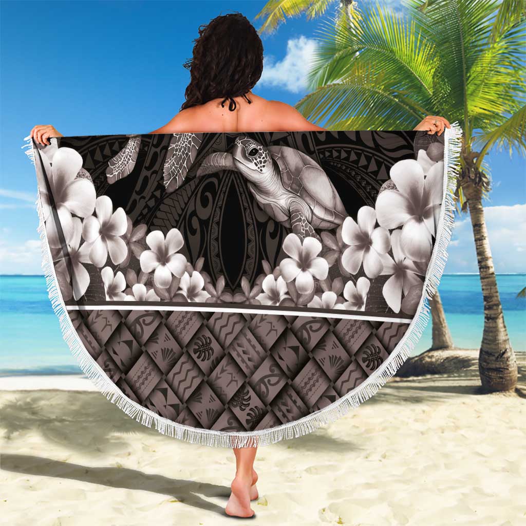 Hawaiian Lei Turtle and Plumeria Beach Blanket Polynerian Art Tattoo-Grayscale Mode