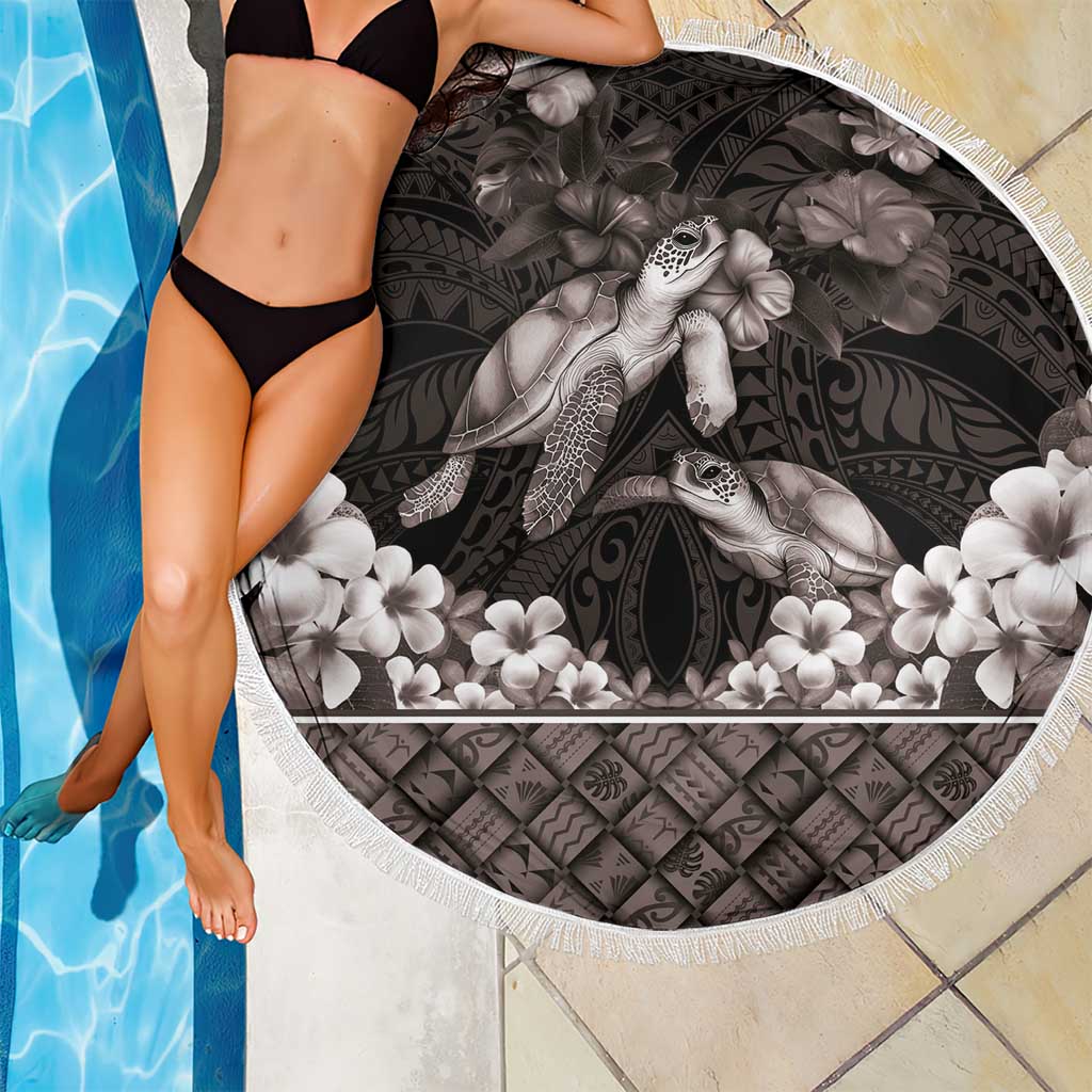 Hawaiian Lei Turtle and Plumeria Beach Blanket Polynerian Art Tattoo-Grayscale Mode