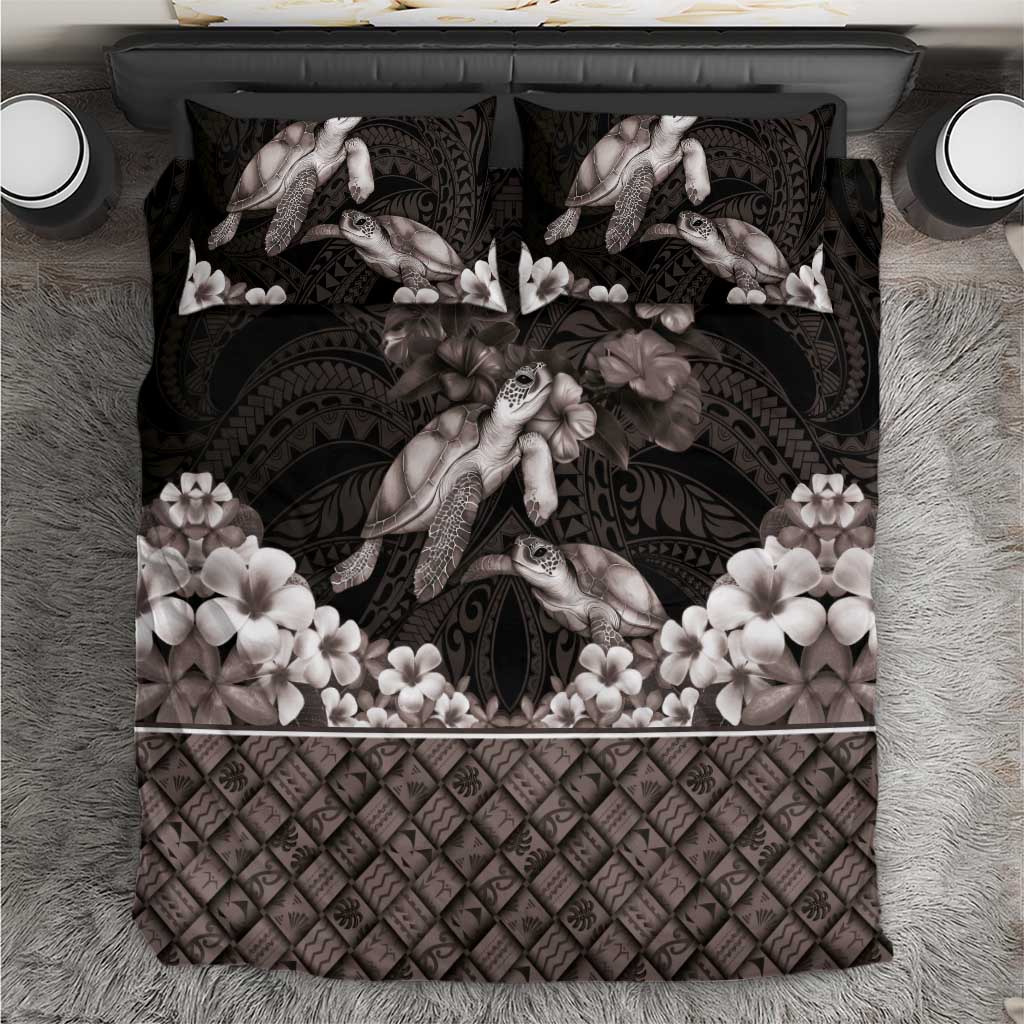 Hawaiian Lei Turtle and Plumeria Bedding Set Polynerian Art Tattoo-Grayscale Mode