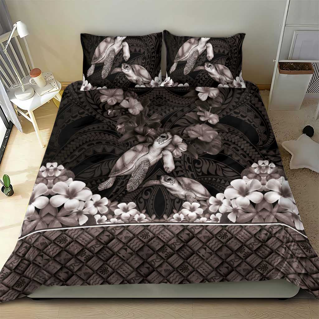Hawaiian Lei Turtle and Plumeria Bedding Set Polynerian Art Tattoo-Grayscale Mode