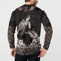 Hawaiian Lei Turtle and Plumeria Button Sweatshirt Polynerian Art Tattoo-Grayscale Mode
