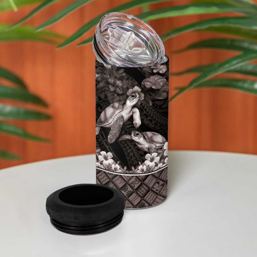 Hawaiian Lei Turtle and Plumeria 4 in 1 Can Cooler Tumbler Polynerian Art Tattoo-Grayscale Mode