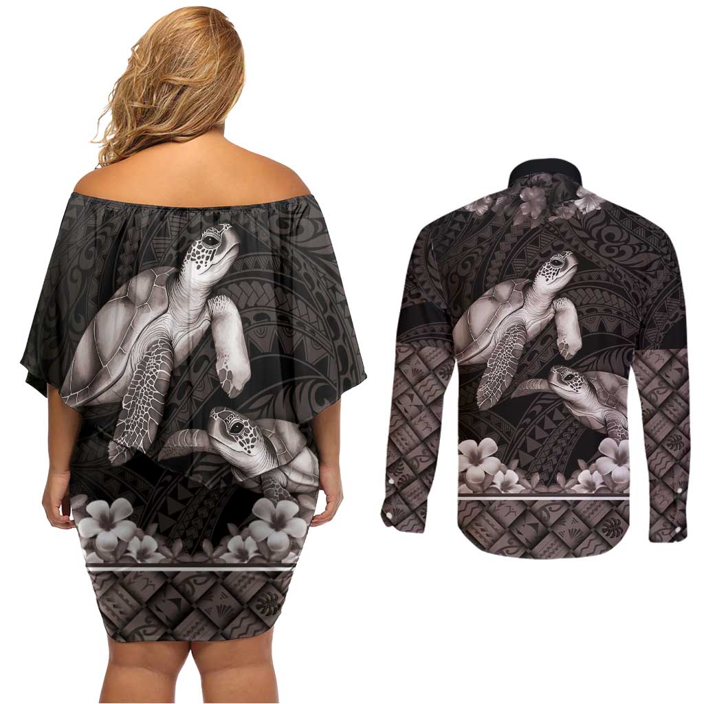Hawaiian Lei Turtle and Plumeria Couples Matching Off Shoulder Short Dress and Long Sleeve Button Shirt Polynerian Art Tattoo-Grayscale Mode