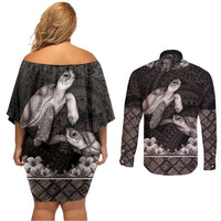Hawaiian Lei Turtle and Plumeria Couples Matching Off Shoulder Short Dress and Long Sleeve Button Shirt Polynerian Art Tattoo-Grayscale Mode