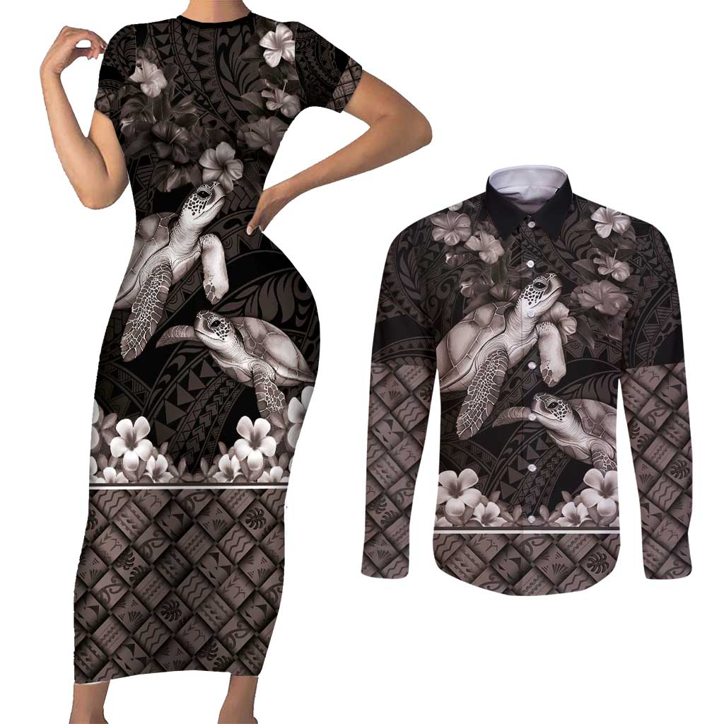 Hawaiian Lei Turtle and Plumeria Couples Matching Short Sleeve Bodycon Dress and Long Sleeve Button Shirt Polynerian Art Tattoo-Grayscale Mode