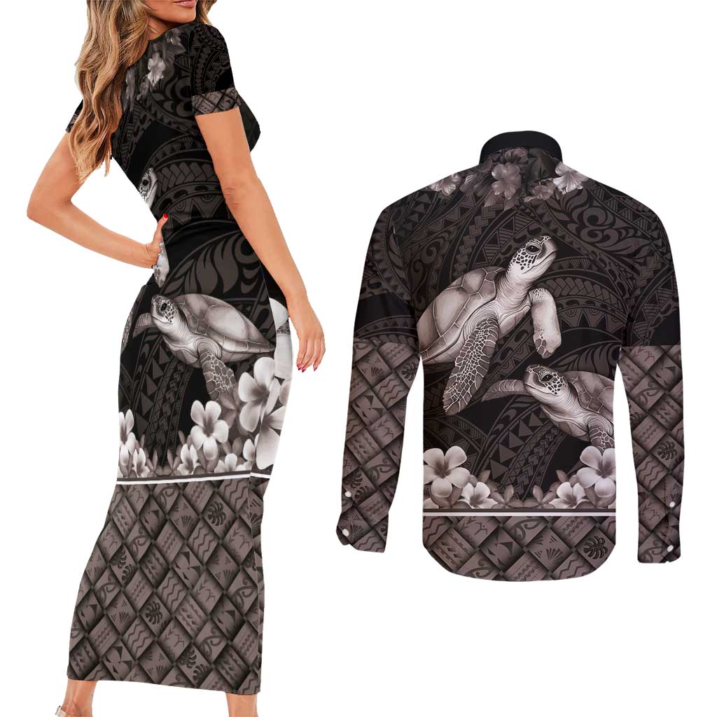 Hawaiian Lei Turtle and Plumeria Couples Matching Short Sleeve Bodycon Dress and Long Sleeve Button Shirt Polynerian Art Tattoo-Grayscale Mode