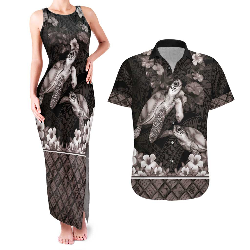Hawaiian Lei Turtle and Plumeria Couples Matching Tank Maxi Dress and Hawaiian Shirt Polynerian Art Tattoo-Grayscale Mode