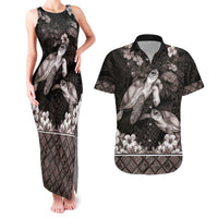 Hawaiian Lei Turtle and Plumeria Couples Matching Tank Maxi Dress and Hawaiian Shirt Polynerian Art Tattoo-Grayscale Mode