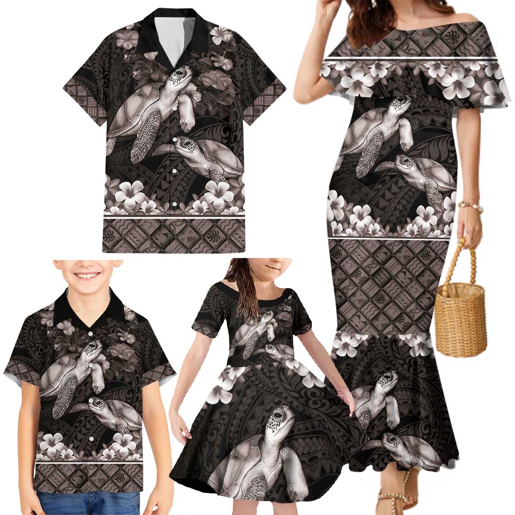 Hawaiian Lei Turtle and Plumeria Family Matching Mermaid Dress and Hawaiian Shirt Polynerian Art Tattoo-Grayscale Mode
