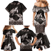 Hawaiian Lei Turtle and Plumeria Family Matching Mermaid Dress and Hawaiian Shirt Polynerian Art Tattoo-Grayscale Mode