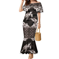 Hawaiian Lei Turtle and Plumeria Family Matching Mermaid Dress and Hawaiian Shirt Polynerian Art Tattoo-Grayscale Mode