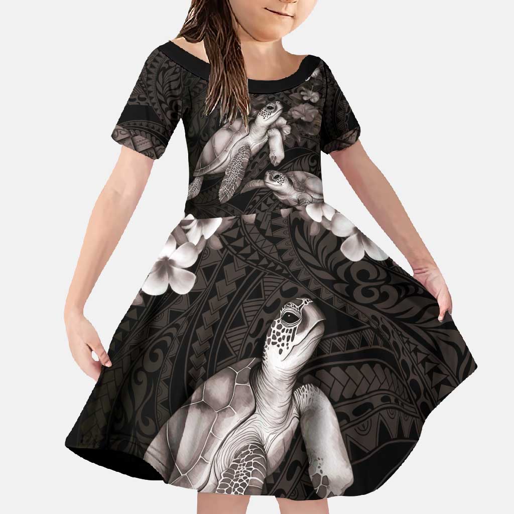 Hawaiian Lei Turtle and Plumeria Family Matching Off Shoulder Maxi Dress and Hawaiian Shirt Polynerian Art Tattoo-Grayscale Mode