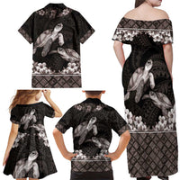 Hawaiian Lei Turtle and Plumeria Family Matching Off Shoulder Maxi Dress and Hawaiian Shirt Polynerian Art Tattoo-Grayscale Mode