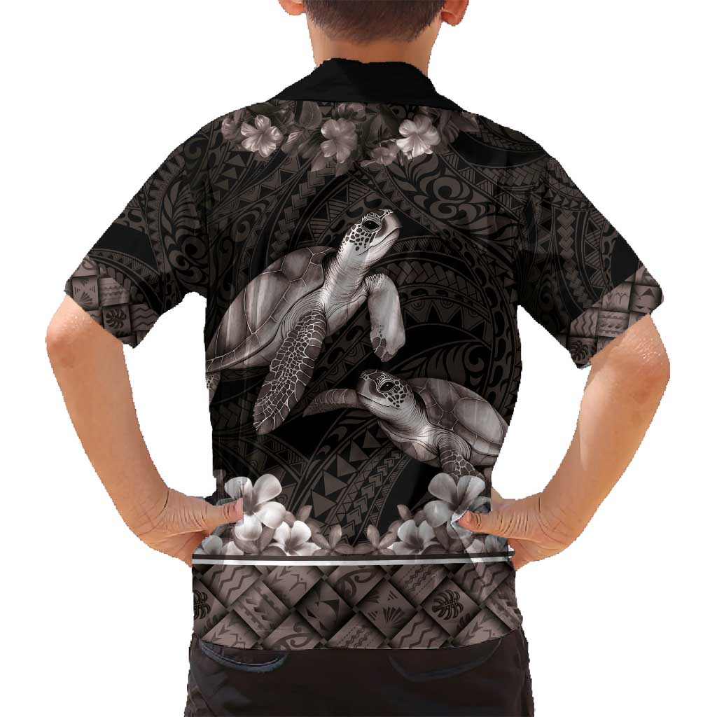 Hawaiian Lei Turtle and Plumeria Family Matching Off Shoulder Short Dress and Hawaiian Shirt Polynerian Art Tattoo-Grayscale Mode