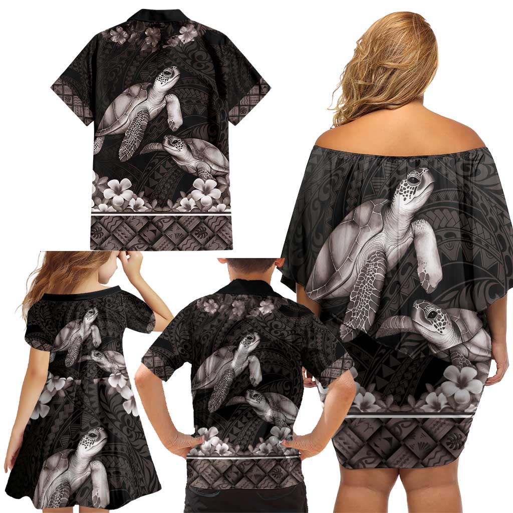 Hawaiian Lei Turtle and Plumeria Family Matching Off Shoulder Short Dress and Hawaiian Shirt Polynerian Art Tattoo-Grayscale Mode