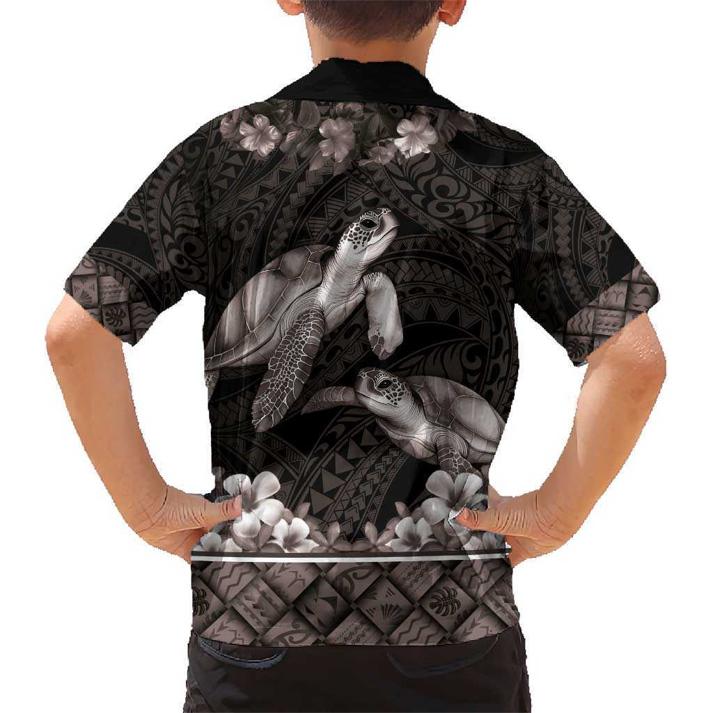 Hawaiian Lei Turtle and Plumeria Family Matching Short Sleeve Bodycon Dress and Hawaiian Shirt Polynerian Art Tattoo-Grayscale Mode