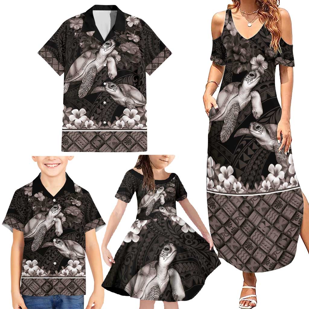 Hawaiian Lei Turtle and Plumeria Family Matching Summer Maxi Dress and Hawaiian Shirt Polynerian Art Tattoo-Grayscale Mode
