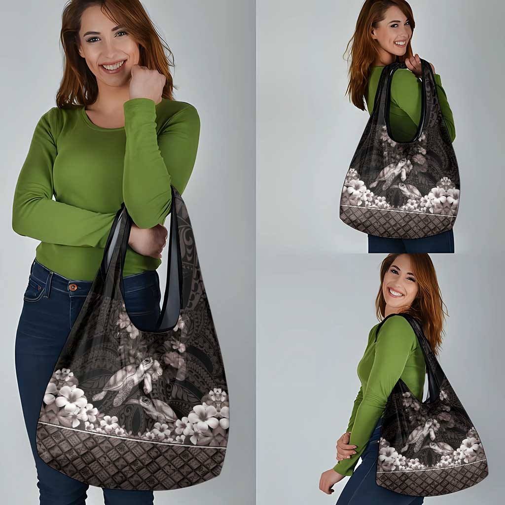 Hawaiian Lei Turtle and Plumeria Grocery Bag Polynerian Art Tattoo-Grayscale Mode