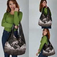 Hawaiian Lei Turtle and Plumeria Grocery Bag Polynerian Art Tattoo-Grayscale Mode