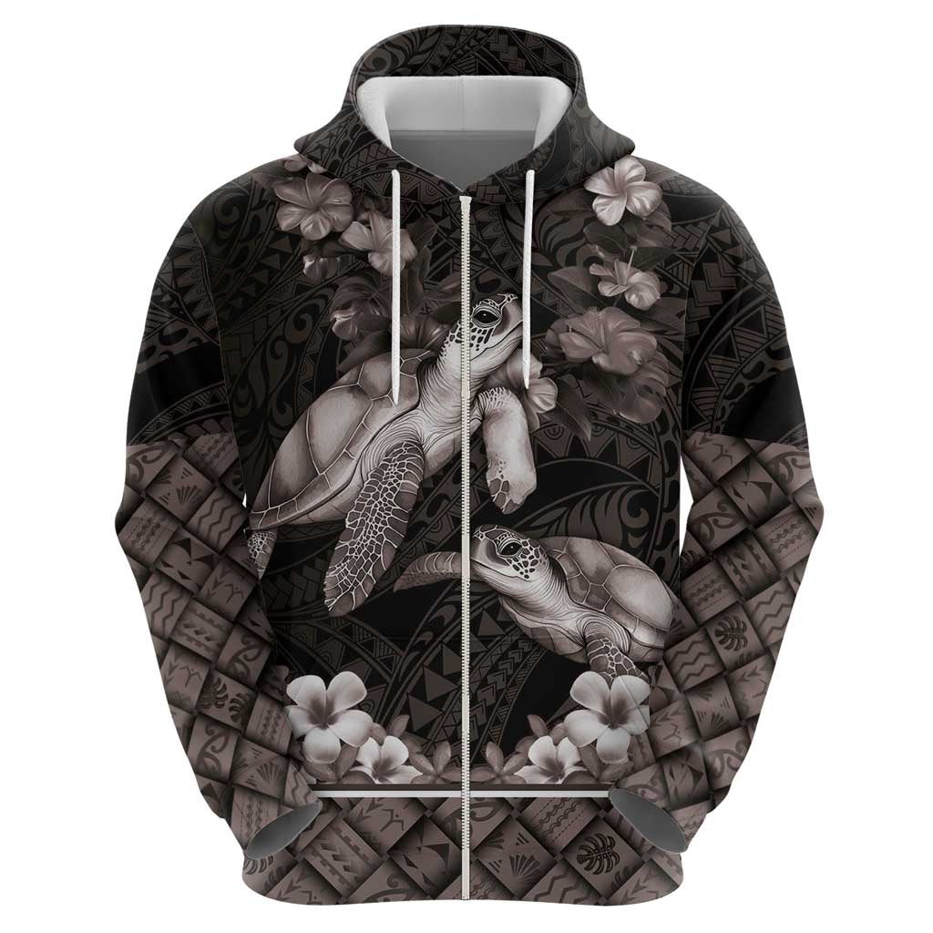 Hawaiian Lei Turtle and Plumeria Hoodie Polynerian Art Tattoo-Grayscale Mode