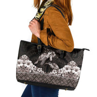 Hawaiian Lei Turtle and Plumeria Leather Tote Bag Polynerian Art Tattoo-Grayscale Mode LT03 Black - Polynesian Pride
