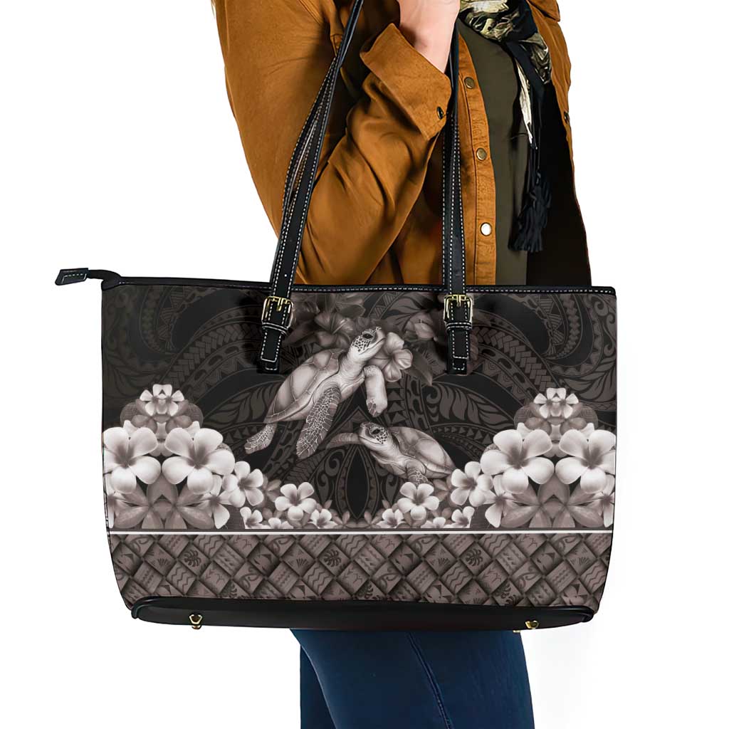 Hawaiian Lei Turtle and Plumeria Leather Tote Bag Polynerian Art Tattoo-Grayscale Mode LT03 - Polynesian Pride