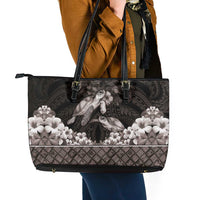 Hawaiian Lei Turtle and Plumeria Leather Tote Bag Polynerian Art Tattoo-Grayscale Mode LT03 - Polynesian Pride