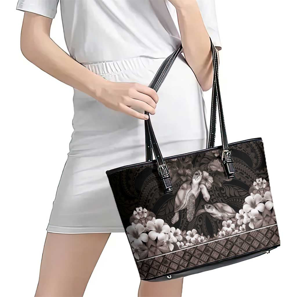 Hawaiian Lei Turtle and Plumeria Leather Tote Bag Polynerian Art Tattoo-Grayscale Mode LT03 - Polynesian Pride