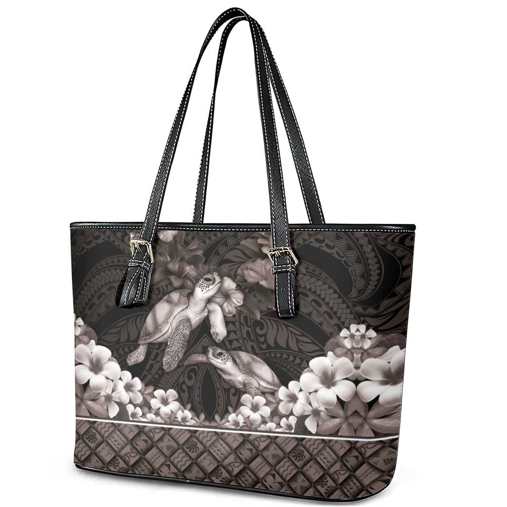 Hawaiian Lei Turtle and Plumeria Leather Tote Bag Polynerian Art Tattoo-Grayscale Mode LT03 - Polynesian Pride